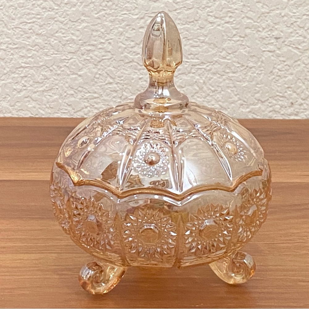 Iridescent Gold Crystal Carnival Glass Footed Flower Relief Lidded Candy Dish